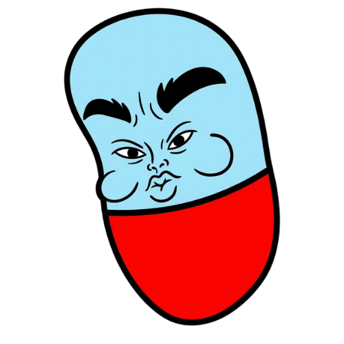 CHILLPILL mascot β a grumpy pill character with a light blue top and red bottom